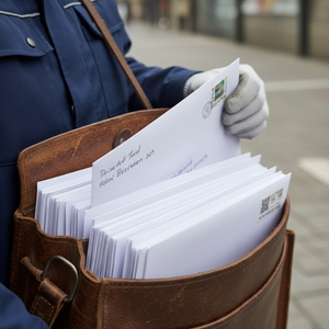 Postbote nimmt Brief in die Hand wegen Briefporto 2026